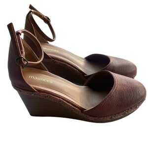 MAURICES BROWN FAUX LEATHER BELLA STUDDED HEEL WEDGE BUCKLE CLOSURE SIZE 9